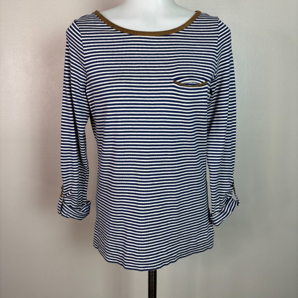 Lauren Ralph Lauren Knit Top Medium Blue Ivory Striped Roll-Tab Sleeves Shirt